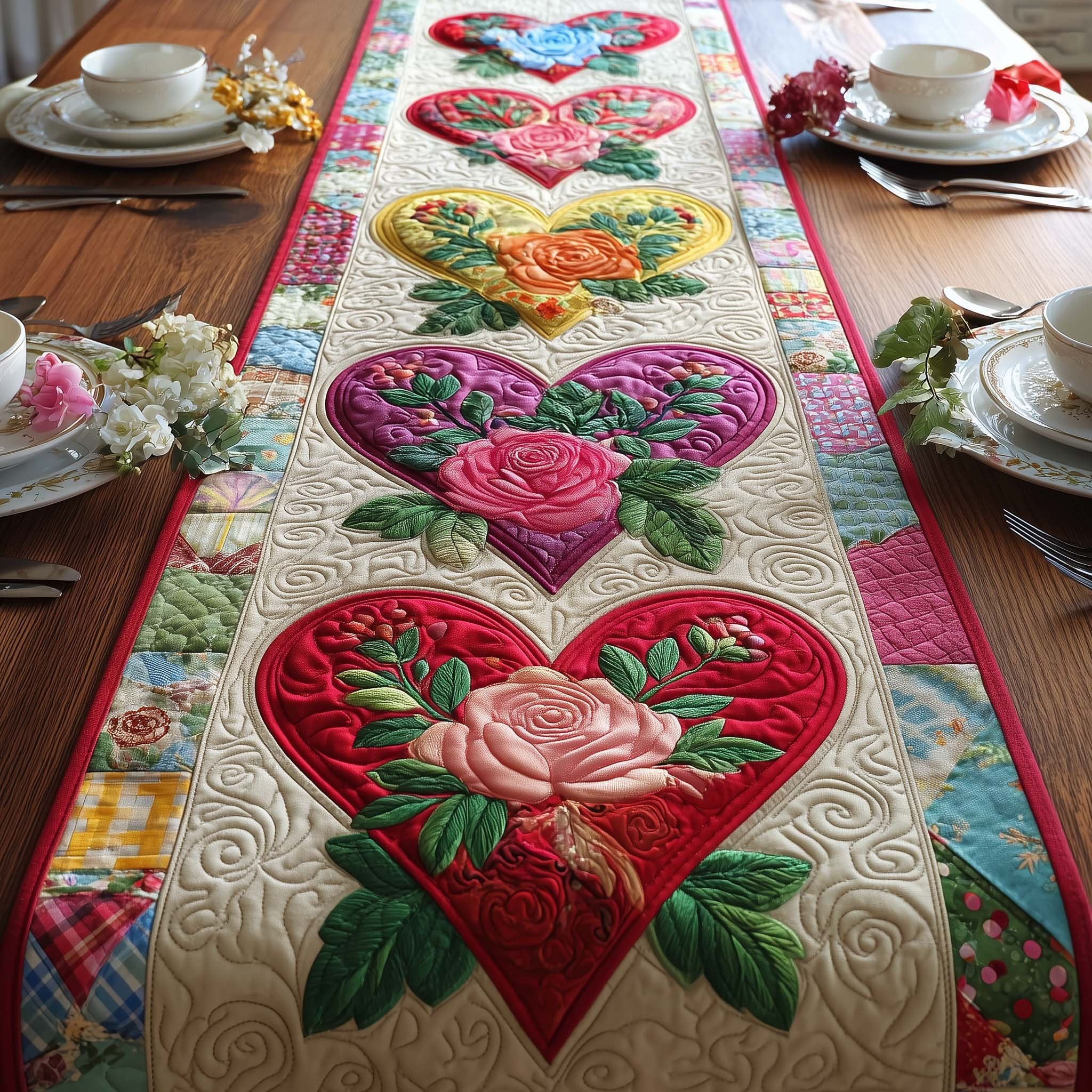 Pink Rose Heart on Cream Table Runner