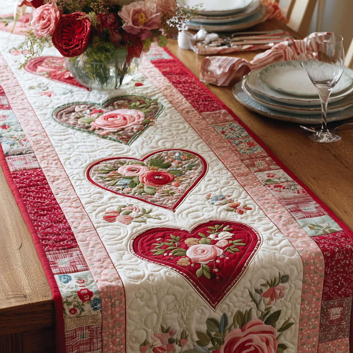 Rose Hearts on Pink Stripes Table Runner