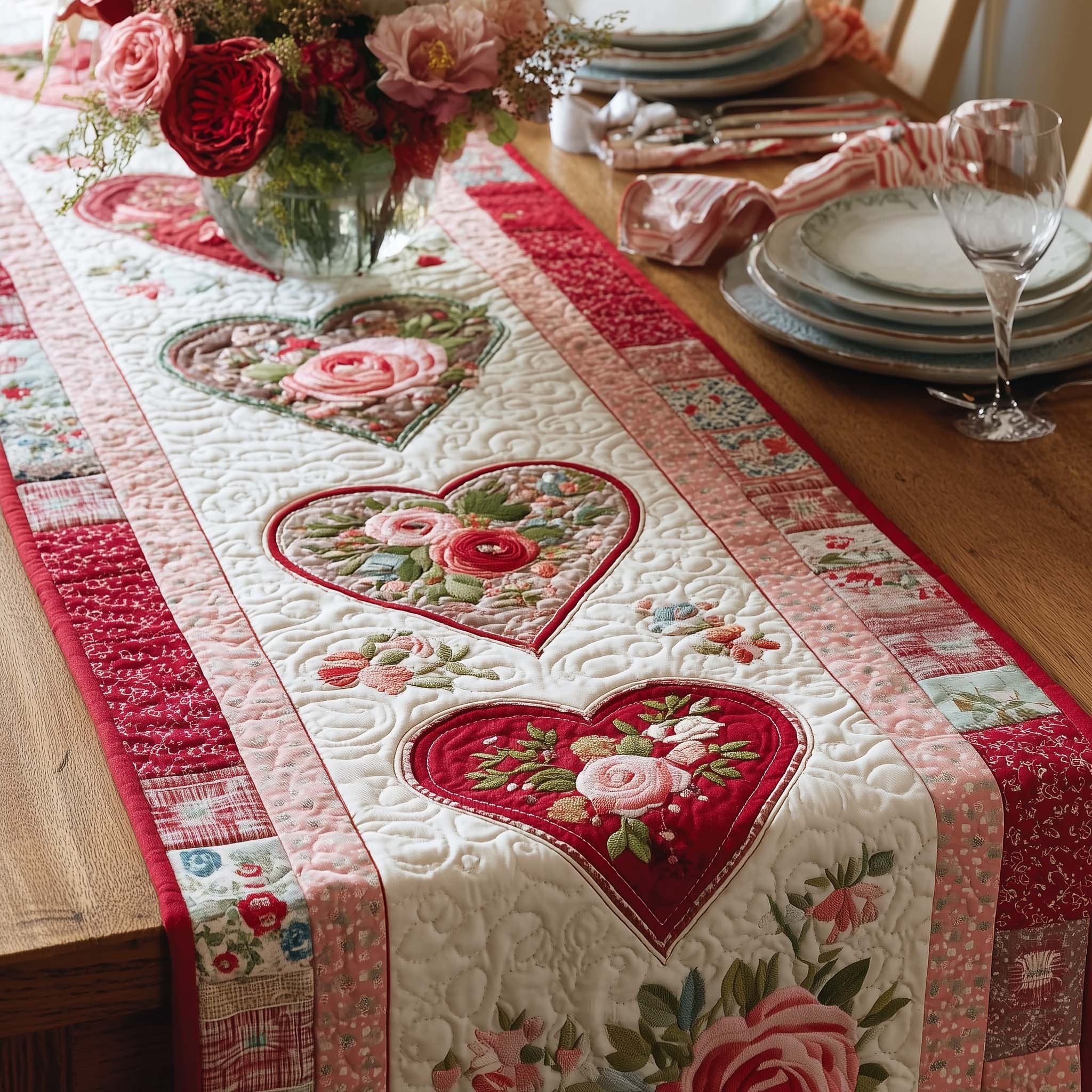 Rose Hearts on Pink Stripes Table Runner