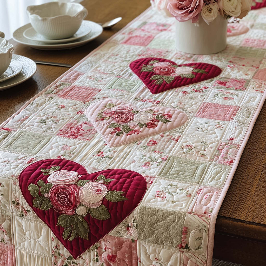 Rose Hearts on Pink Gingham Table Runner