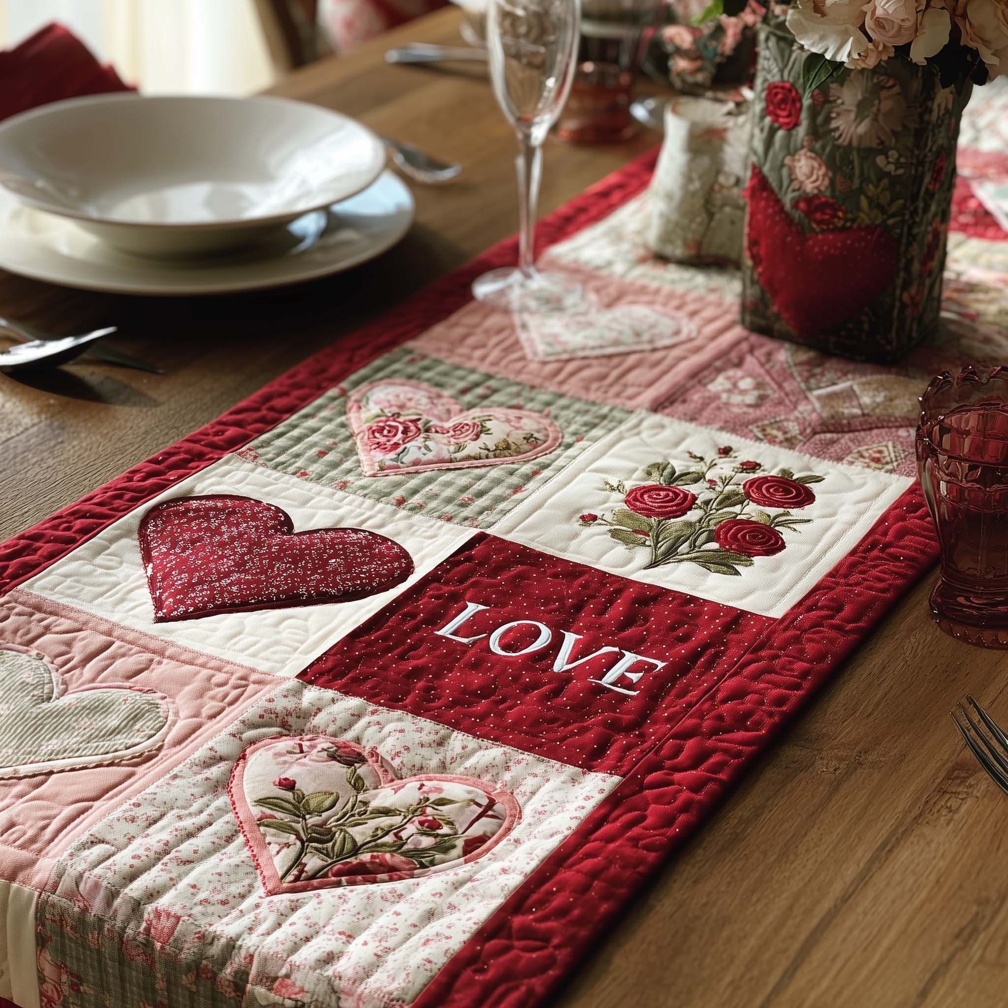 Love Hearts on Pink Blocks Table Runner