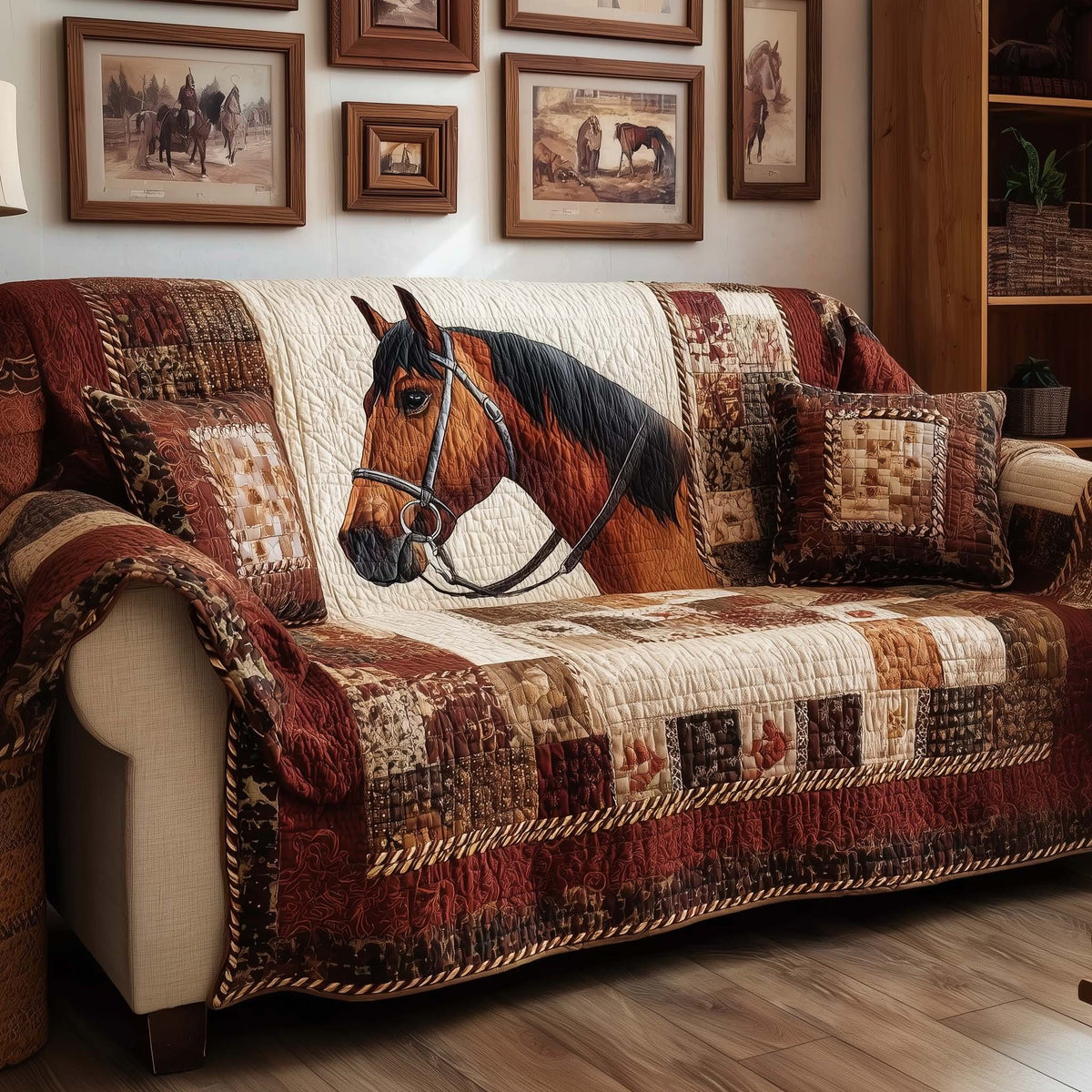 Horse Portrait on Brown Patchwork Sofa Cover