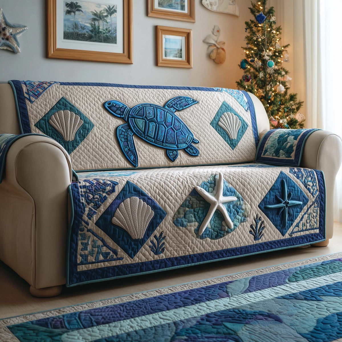 Turtles Shells and Starfish in Blue Tiles Sofa Cover