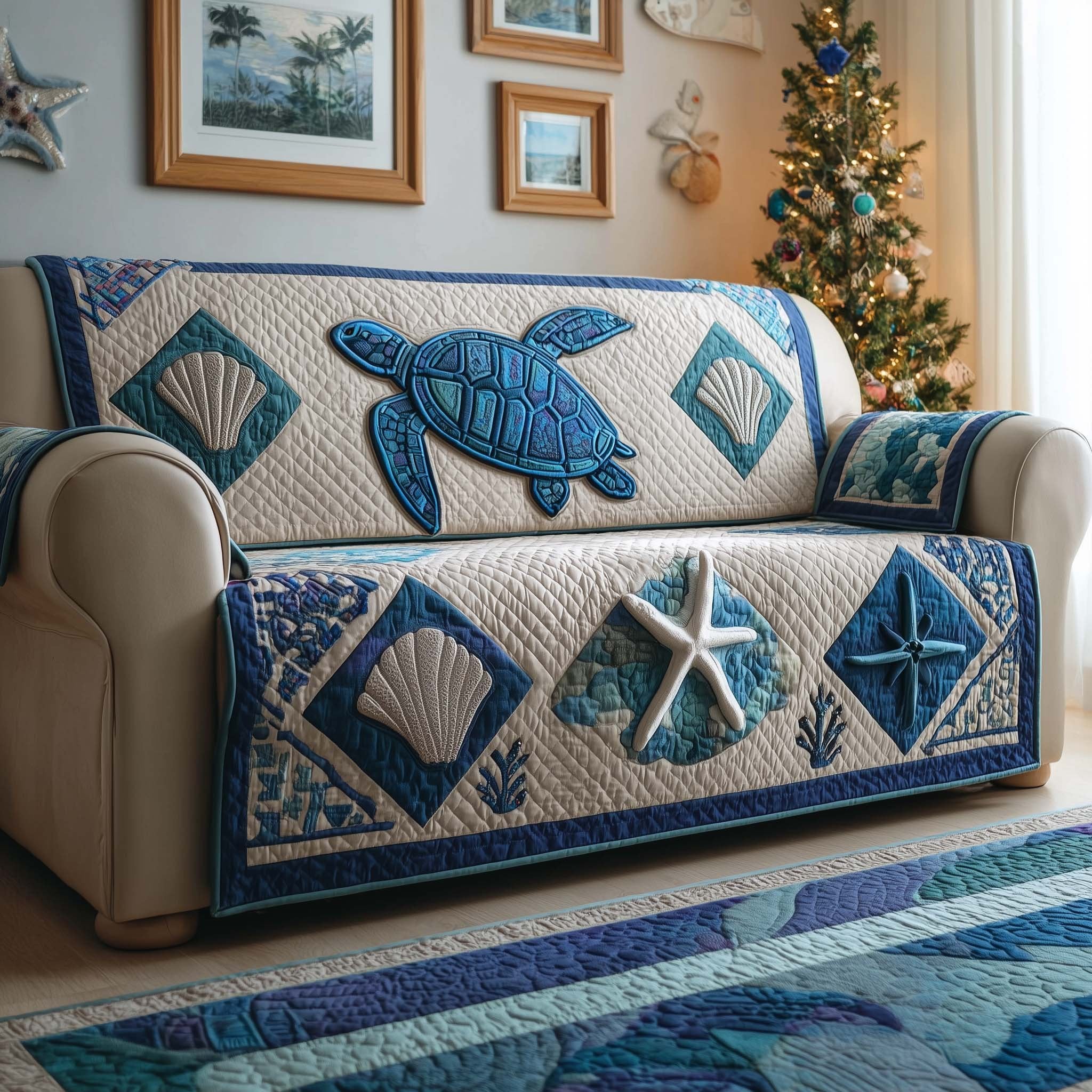 Turtles Shells and Starfish in Blue Tiles Sofa Cover