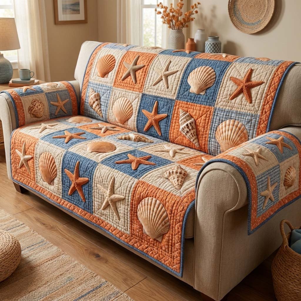 Starfish and Shells in Coral and Blue Sofa Cover