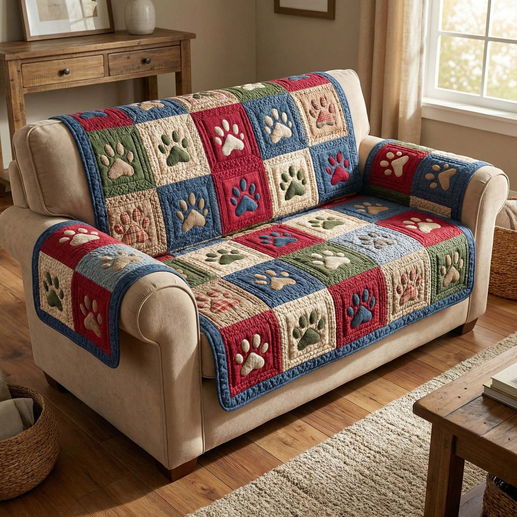 Paw Prints in Red Green and Blue Squares Sofa Cover
