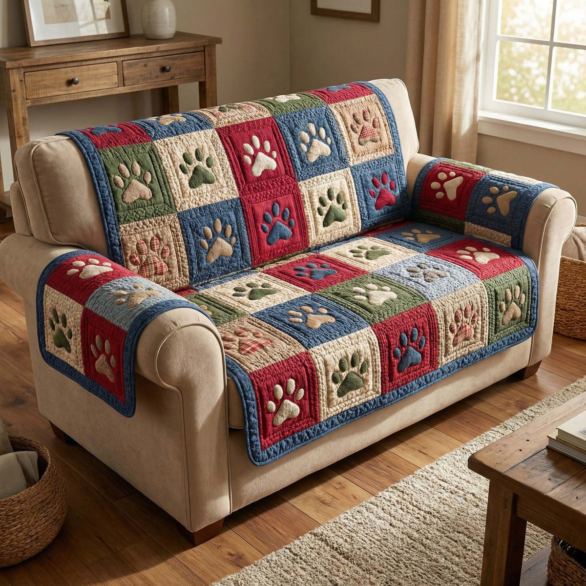 Paw Prints in Red Green and Blue Squares Sofa Cover