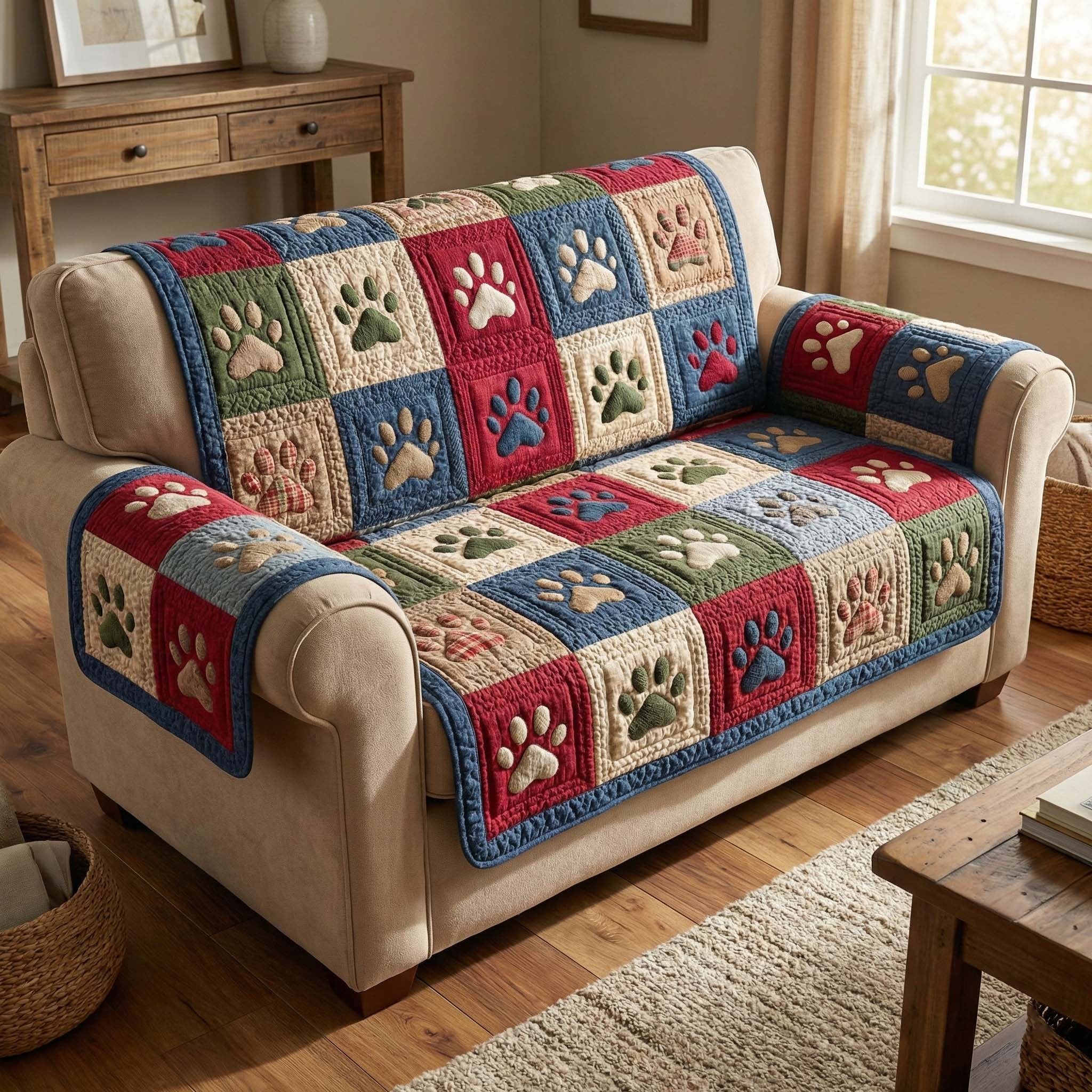 Paw Prints in Red Green and Blue Squares Sofa Cover
