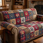 Paw Prints Across the Plaid Patchwork Sofa Cover