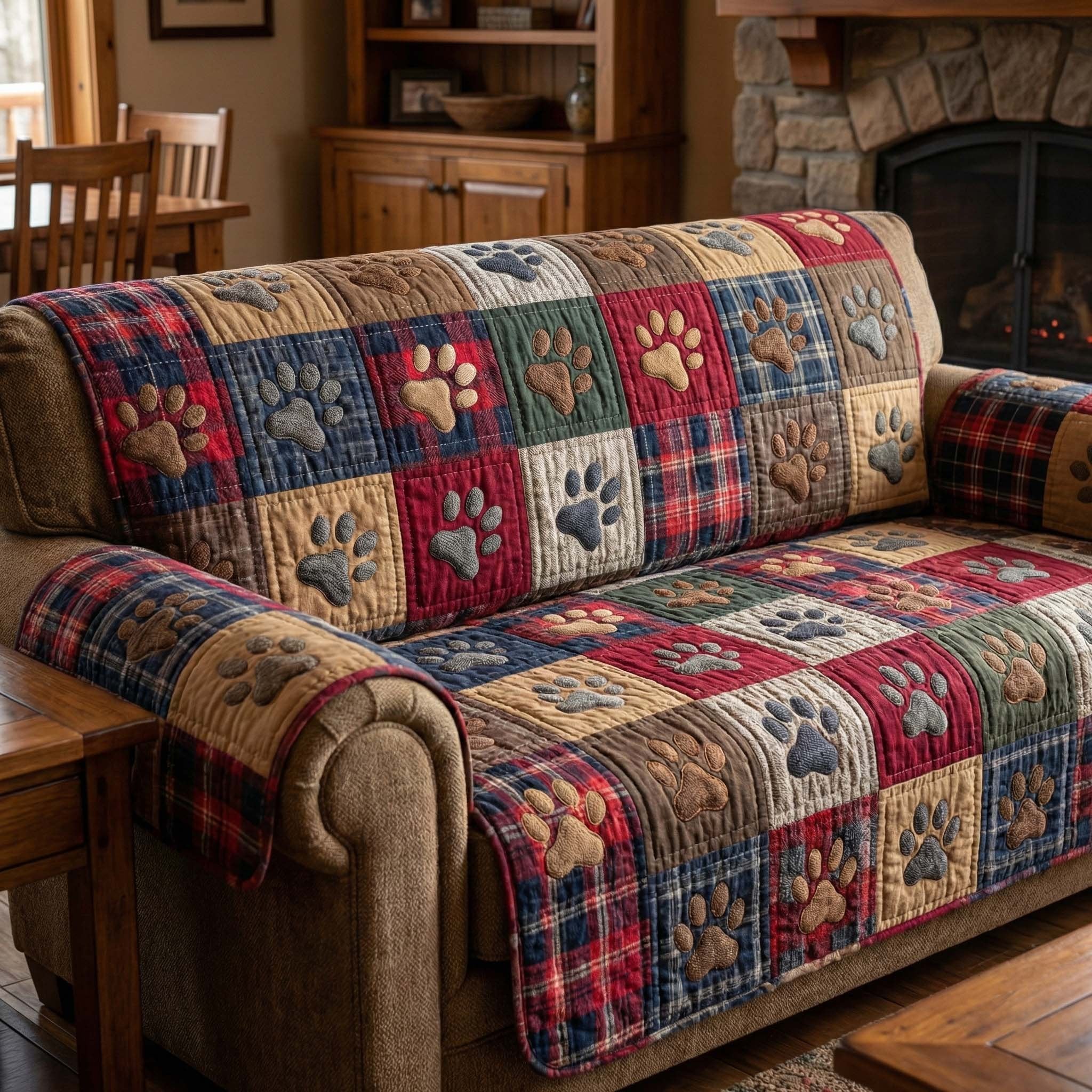 Paw Prints Across the Plaid Patchwork Sofa Cover