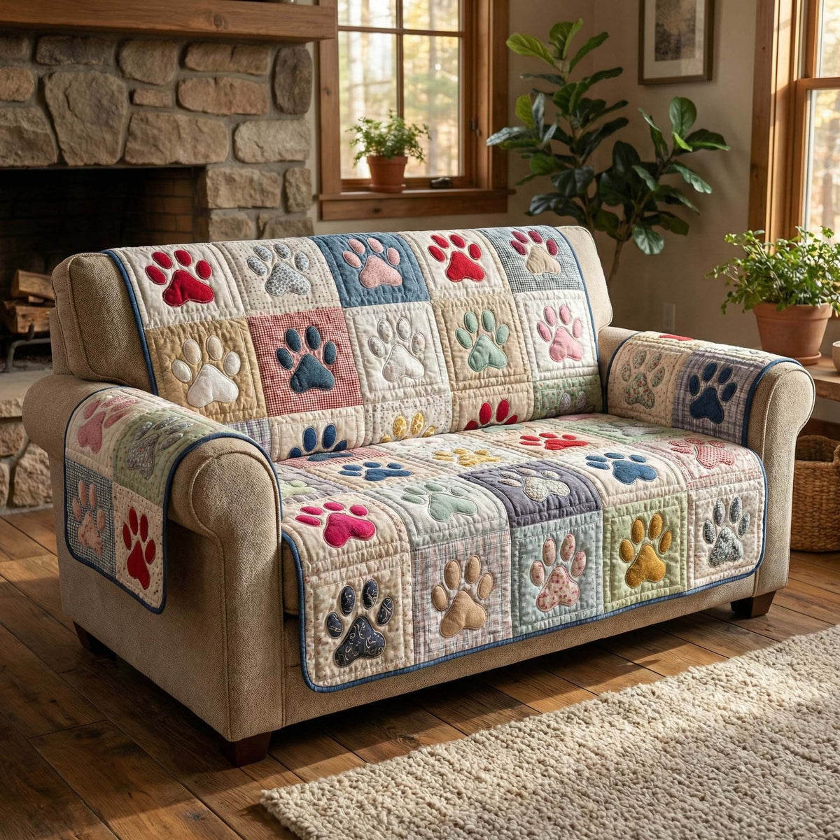 Colorful Paw Prints in Pastel Blocks Sofa Cover