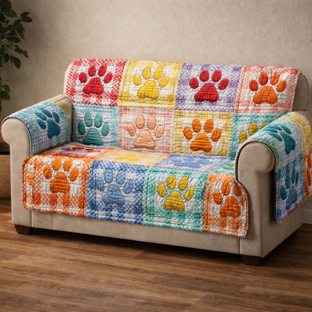 Paw Prints in Rainbow Gingham Squares Sofa Cover