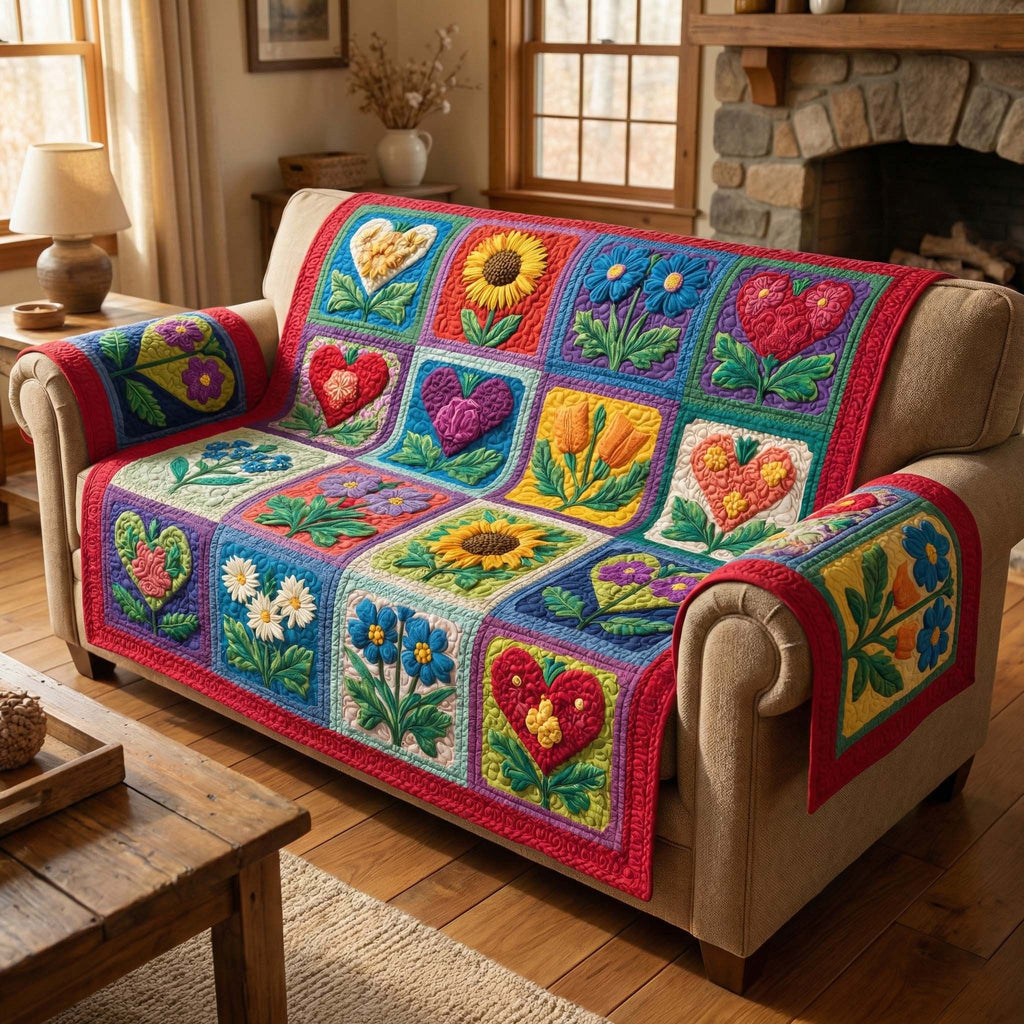 Flowers and Hearts in Bright Crochet Blocks Sofa Cover