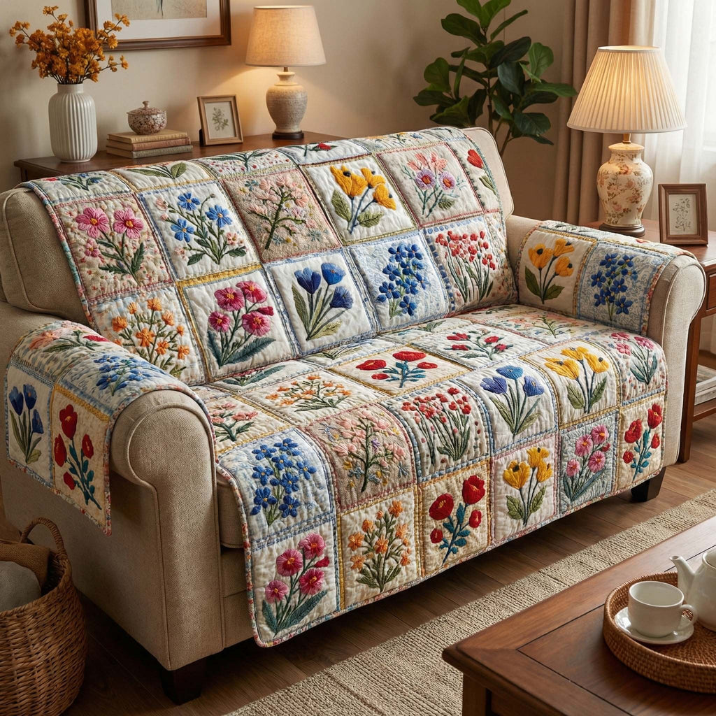 Cottage Garden Flowers in Cream Blocks Sofa Cover