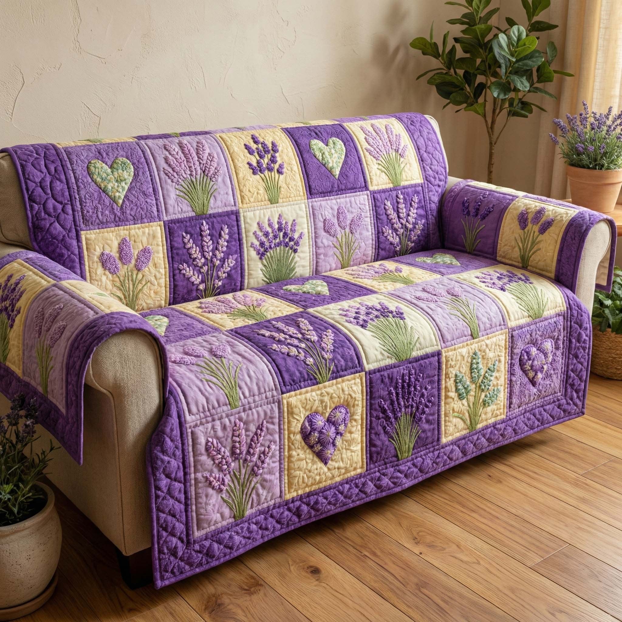 Lavender Sprigs on Purple Squares Sofa Cover