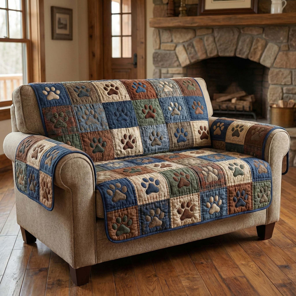 Paw Prints on Blue and Brown Panels Sofa Cover