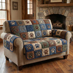 Paw Prints on Blue and Brown Panels Sofa Cover