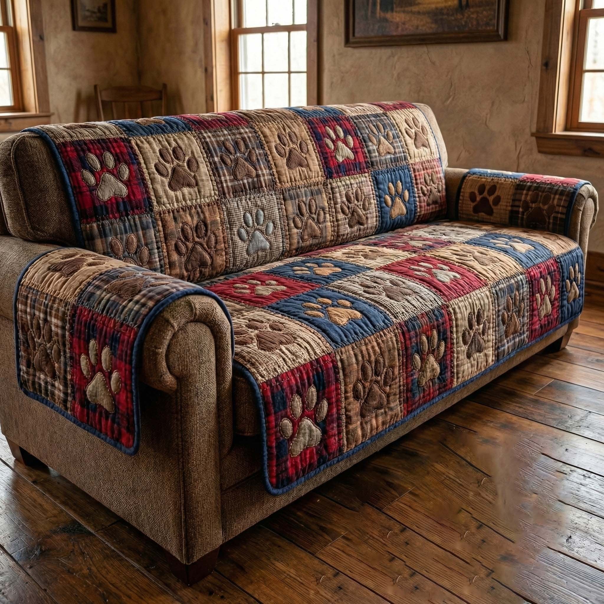 Paw Prints on Rust and Navy Patchwork Sofa Cover