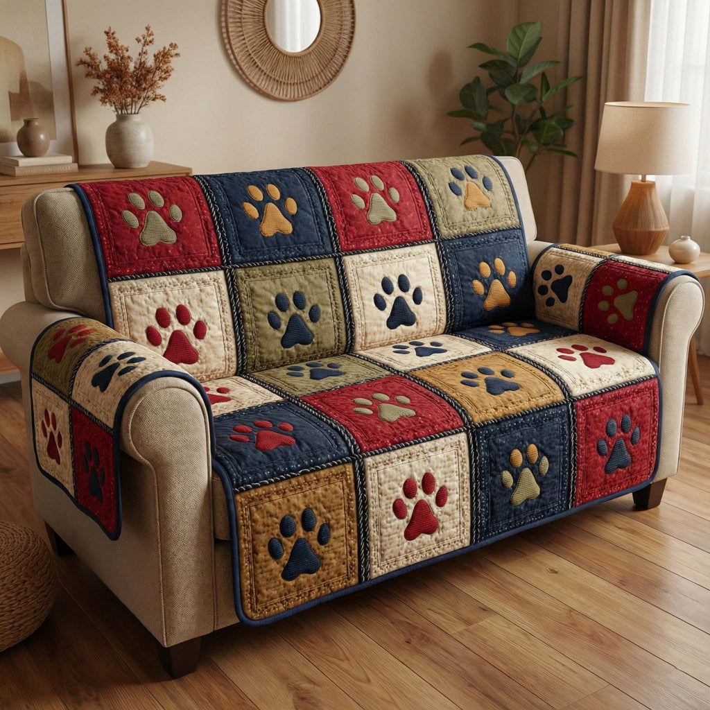 Paw Prints on Tan and Denim Blocks Sofa Cover