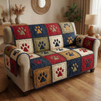 Paw Prints on Tan and Denim Blocks Sofa Cover