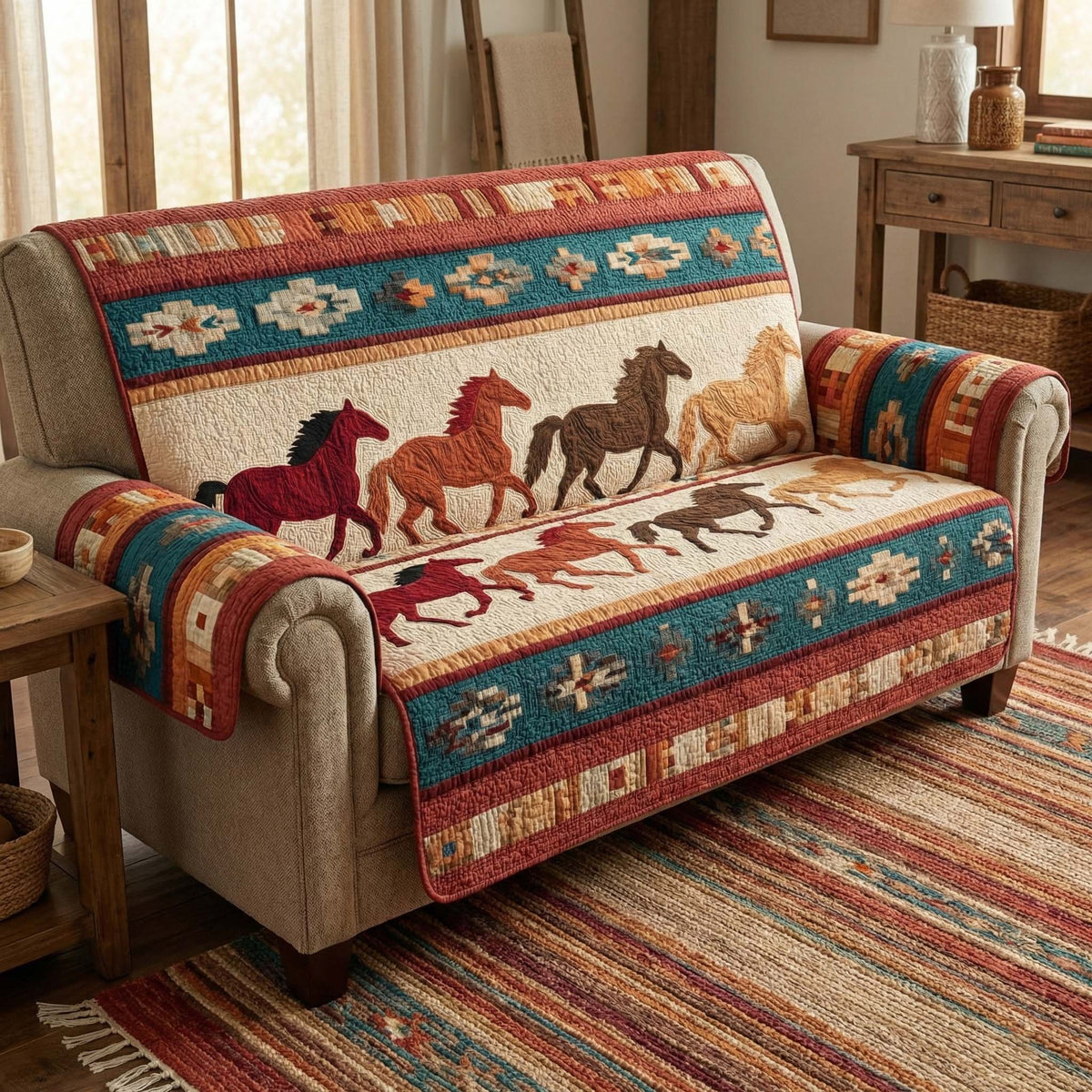 Running Horses on the Southwestern Band Sofa Cover