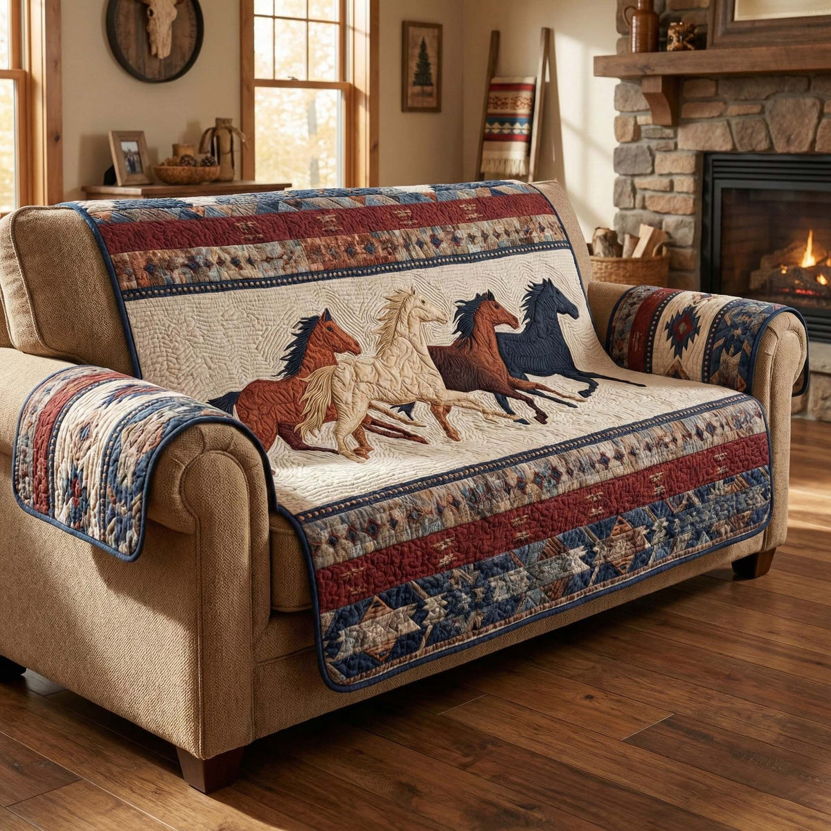 Running Horses on Woven Cream Sofa Cover