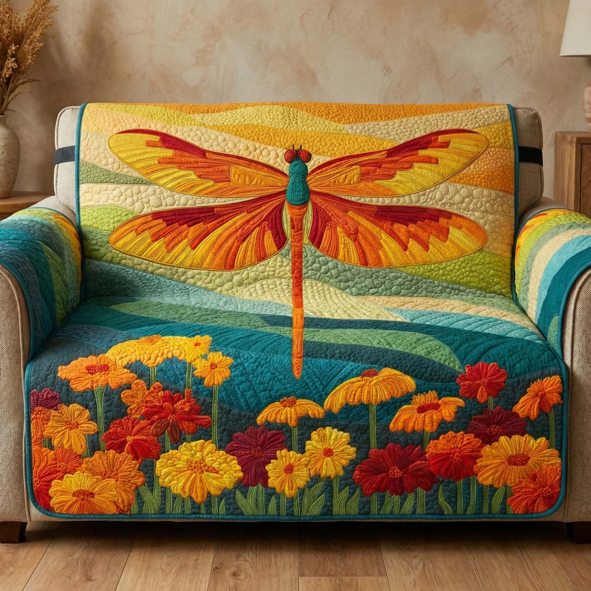 Dragonfly Over the Marigold Field Sofa Cover