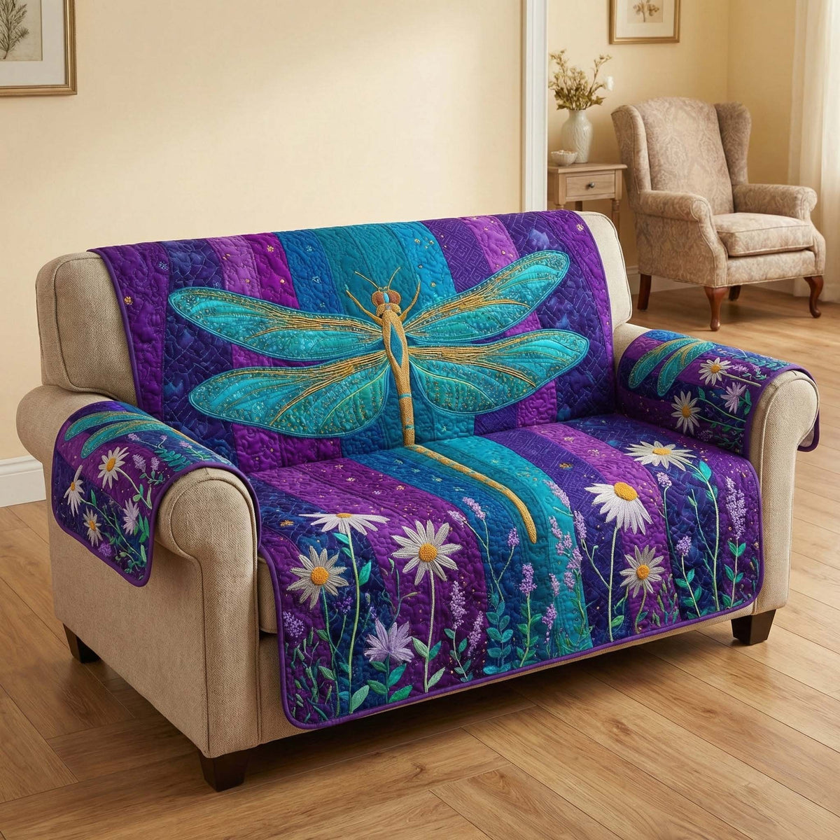 Dragonfly Among Purple Wildflowers Sofa Cover