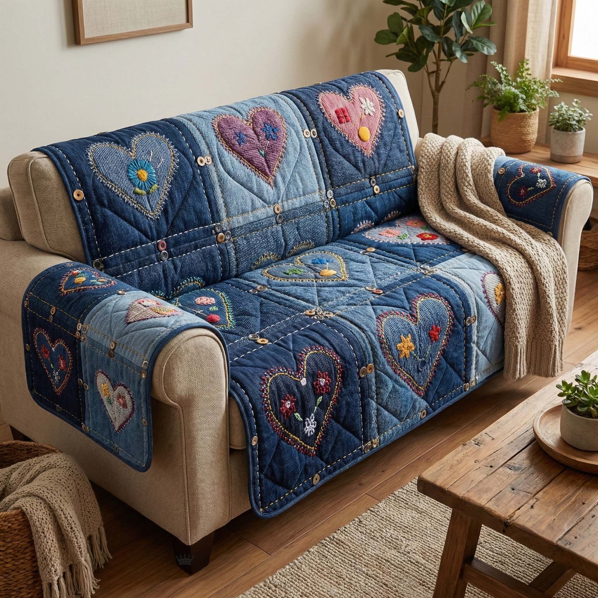 Stitched Hearts on Blue Denim Sofa Cover