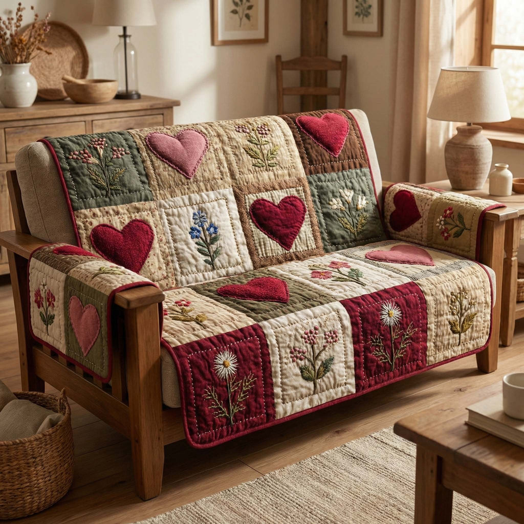Hearts and Flowers on Cream Blocks Sofa Cover