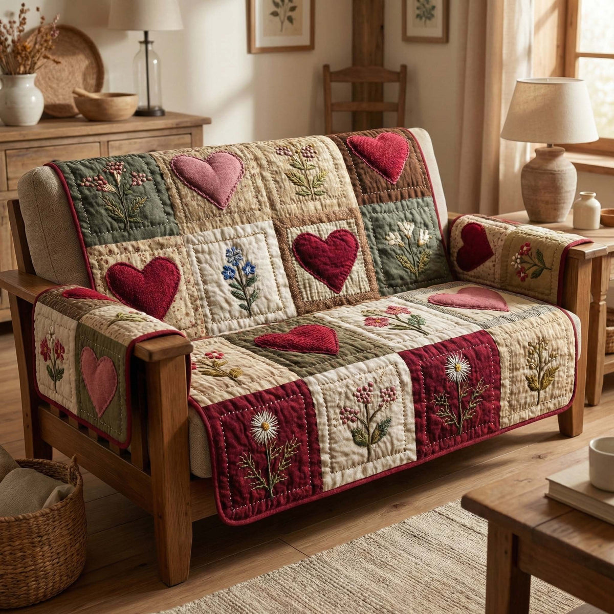 Hearts and Flowers on Cream Blocks Sofa Cover