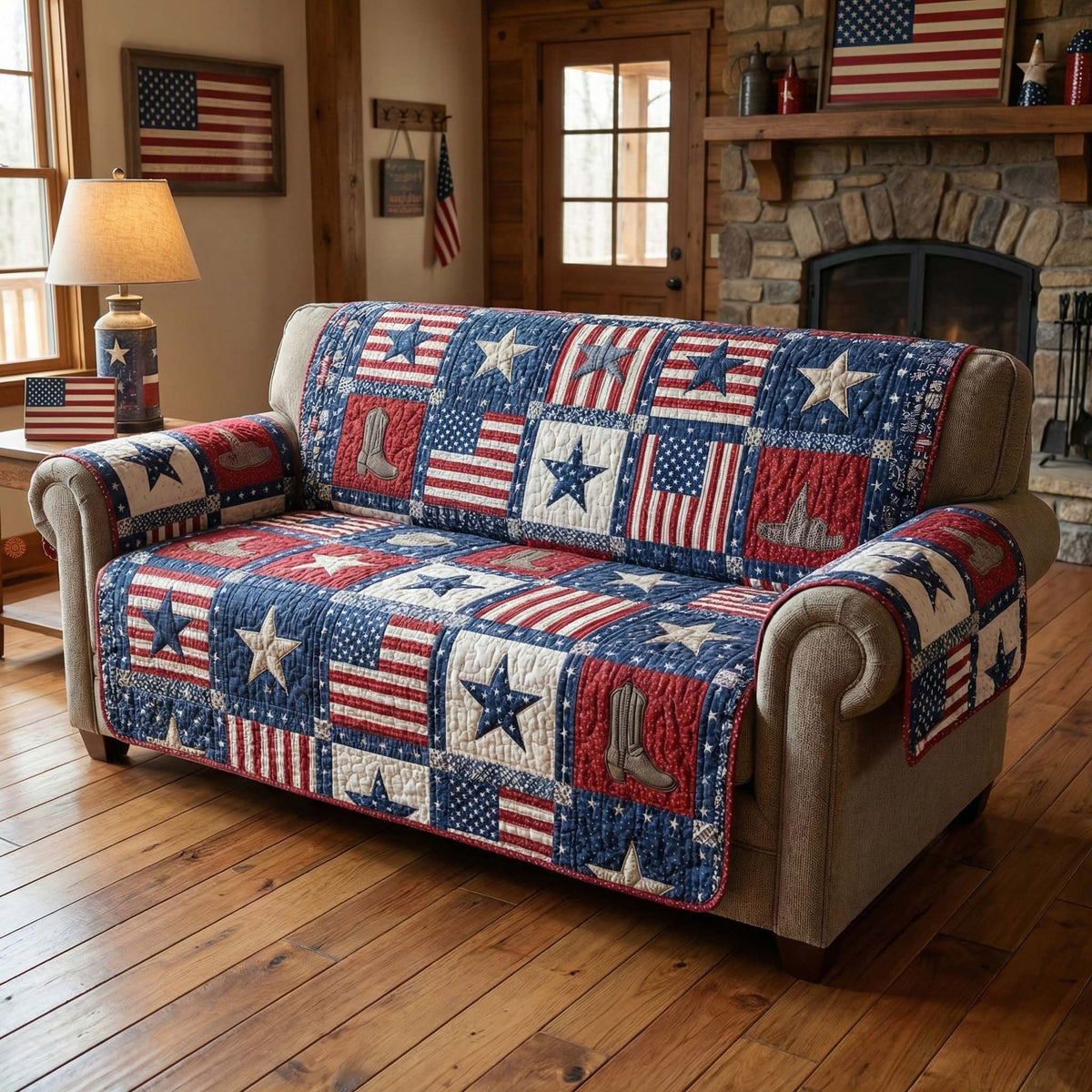Stars and Flag Blocks in Patchwork Sofa Cover