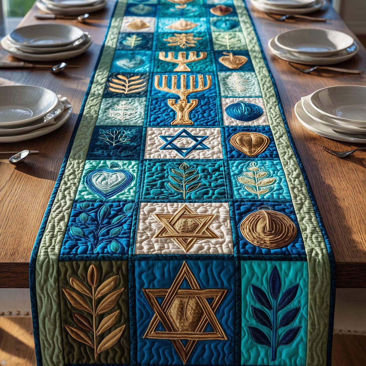 Teal Hanukkah Symbol Squares Table Runner