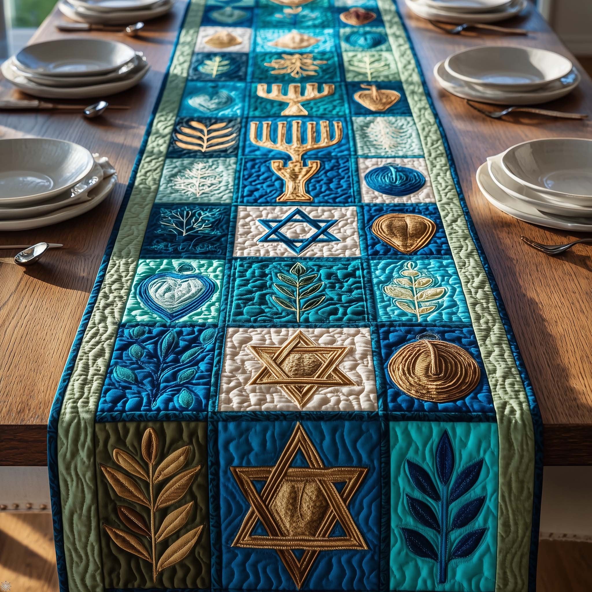 Teal Hanukkah Symbol Squares Table Runner