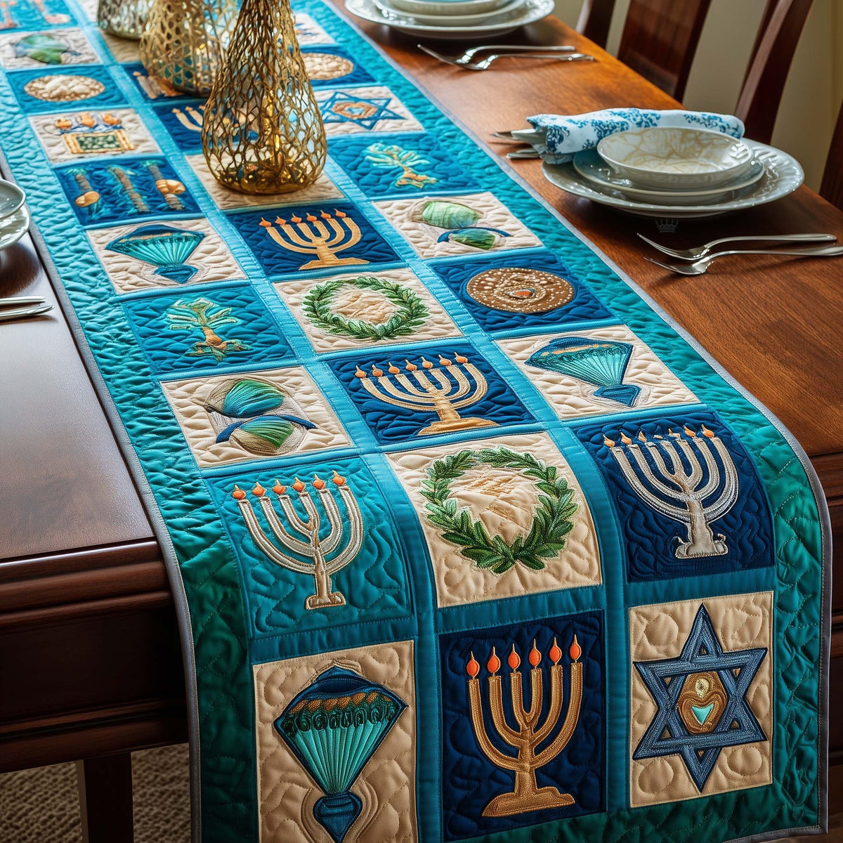 Teal Hanukkah Table Runner