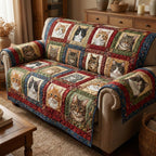 Cat Portraits in Country Blocks Sofa Cover