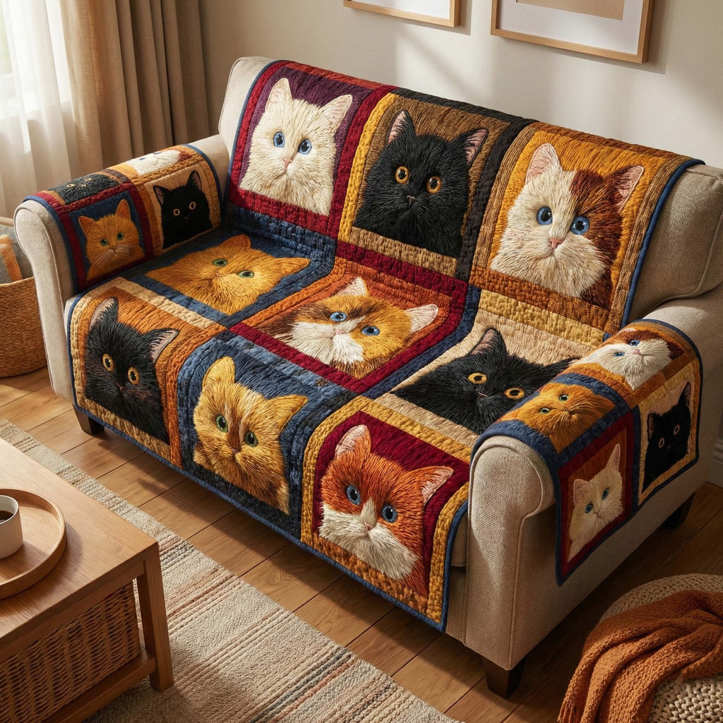 Cat Portraits in Rustic Blocks Sofa Cover