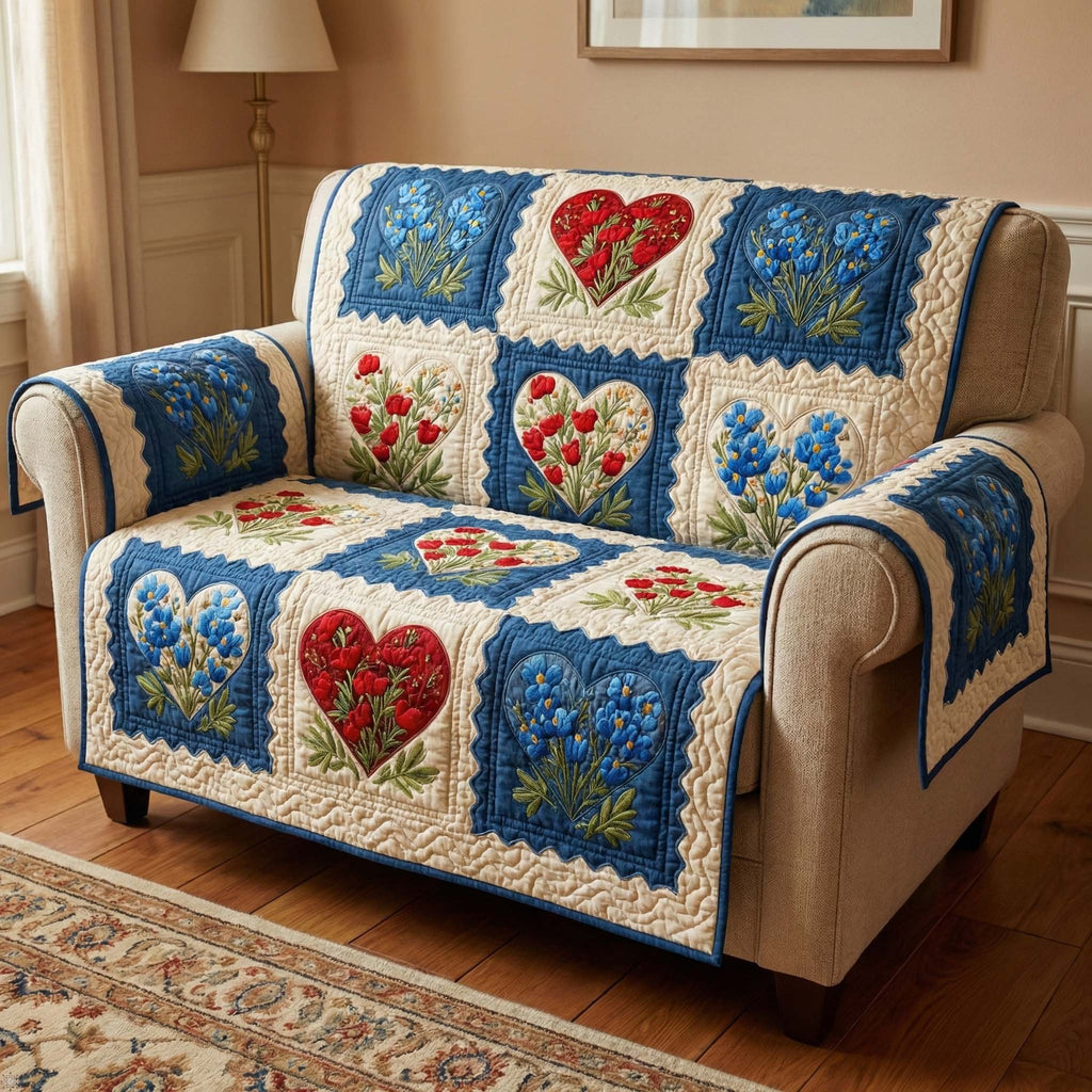 Red Hearts and Blue Flower Blocks Sofa Cover