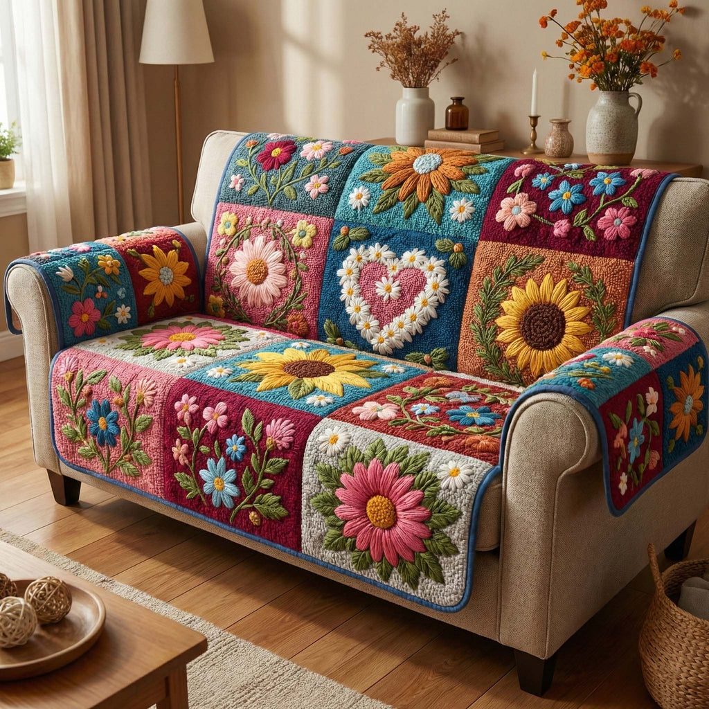 Bright Blooms and Hearts in Folk Blocks Sofa Cover
