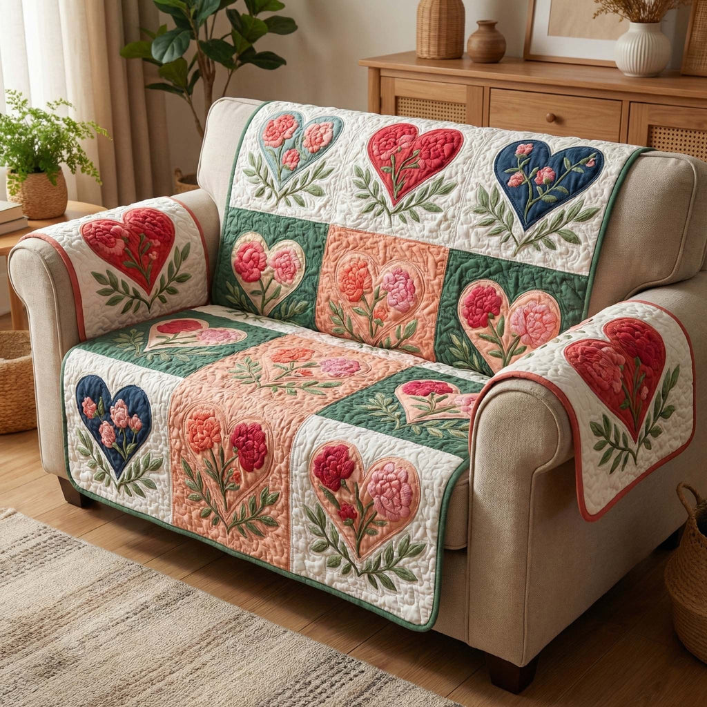 Pink Hearts and Roses in Blocks Sofa Cover