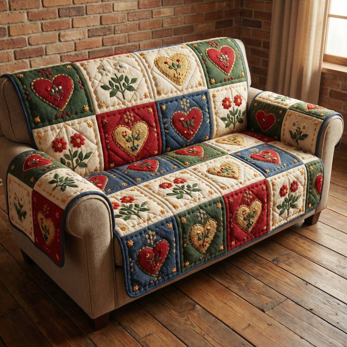 Hearts and Flowers in Red and Ivory Squares Sofa Cover