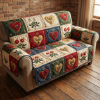 Hearts and Flowers in Red and Ivory Squares Sofa Cover