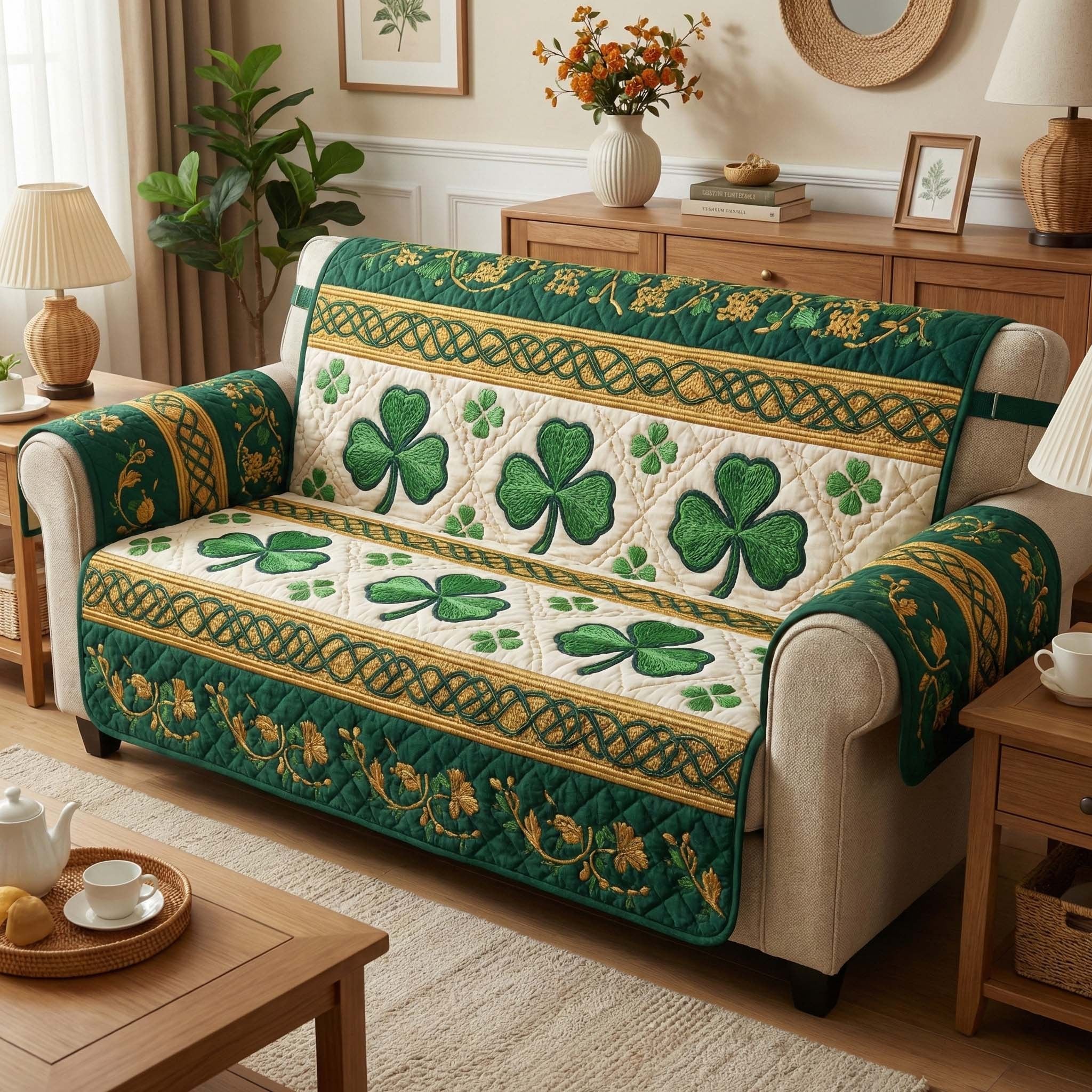 Green Clovers on White with Emerald Trim Sofa Cover