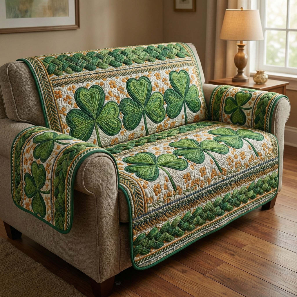 Shamrocks on Layered Green Blocks Sofa Cover