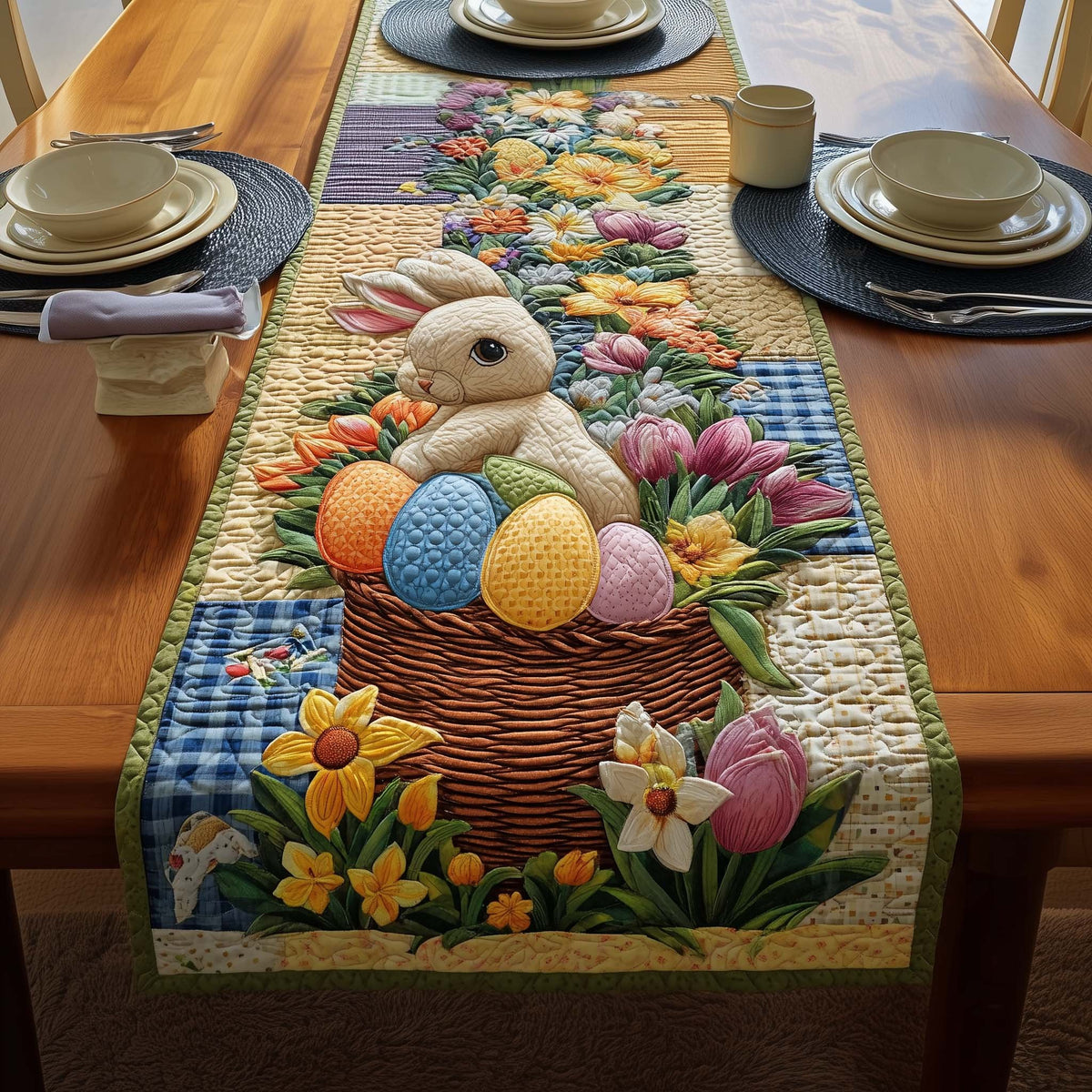 Bunny Behind a Basket of Eggs Table Runner