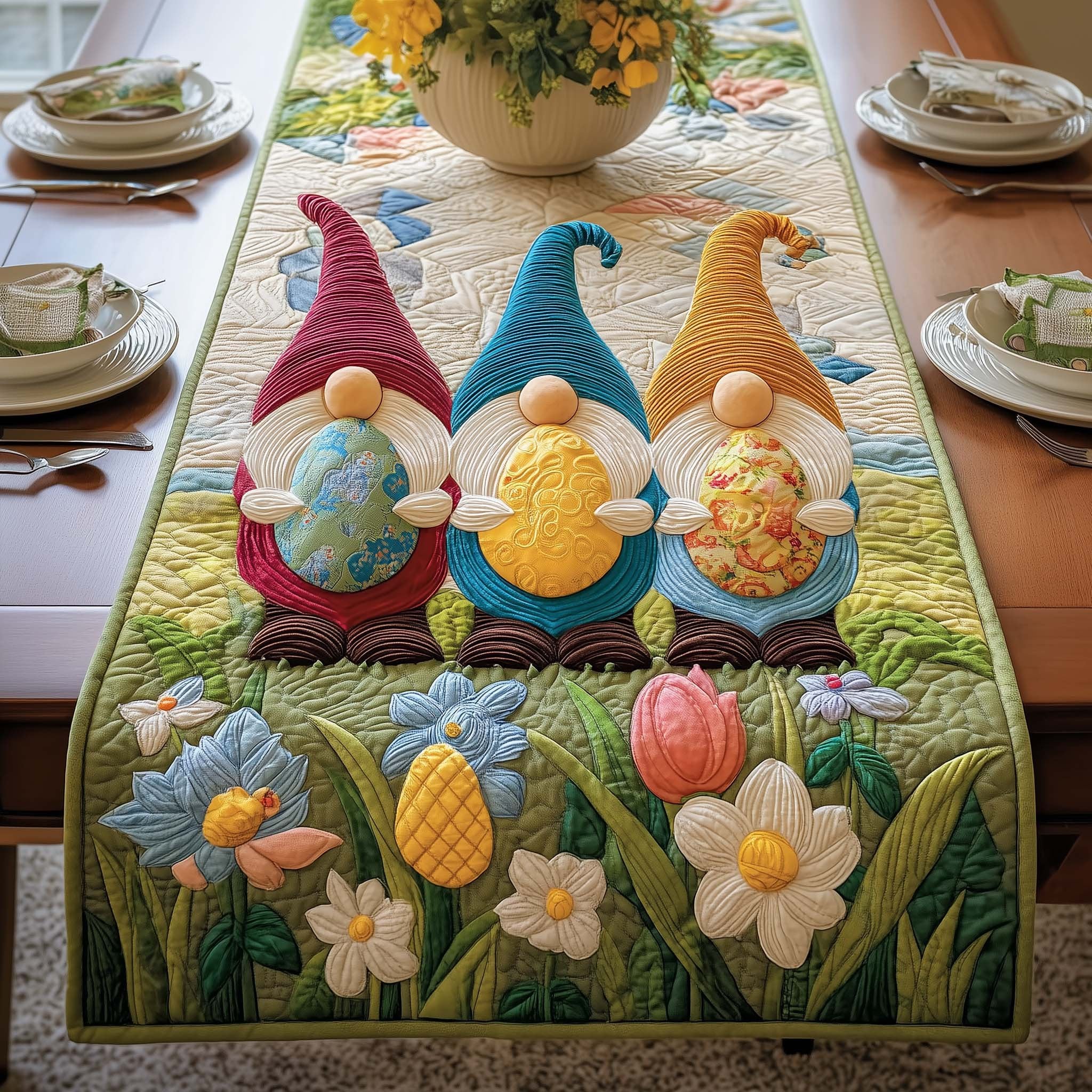Gnomes Holding Eggs in Garden Table Runner