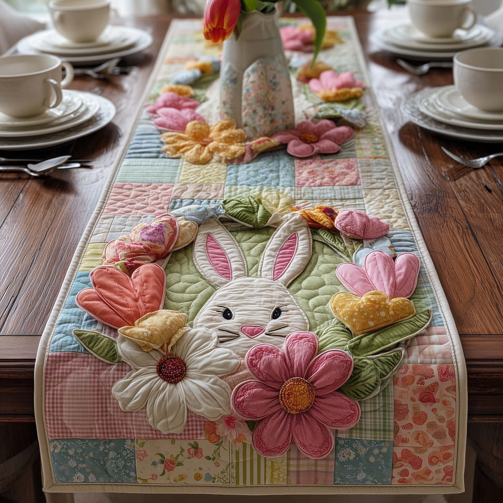 Bunny Face with Pastel Flowers Table Runner