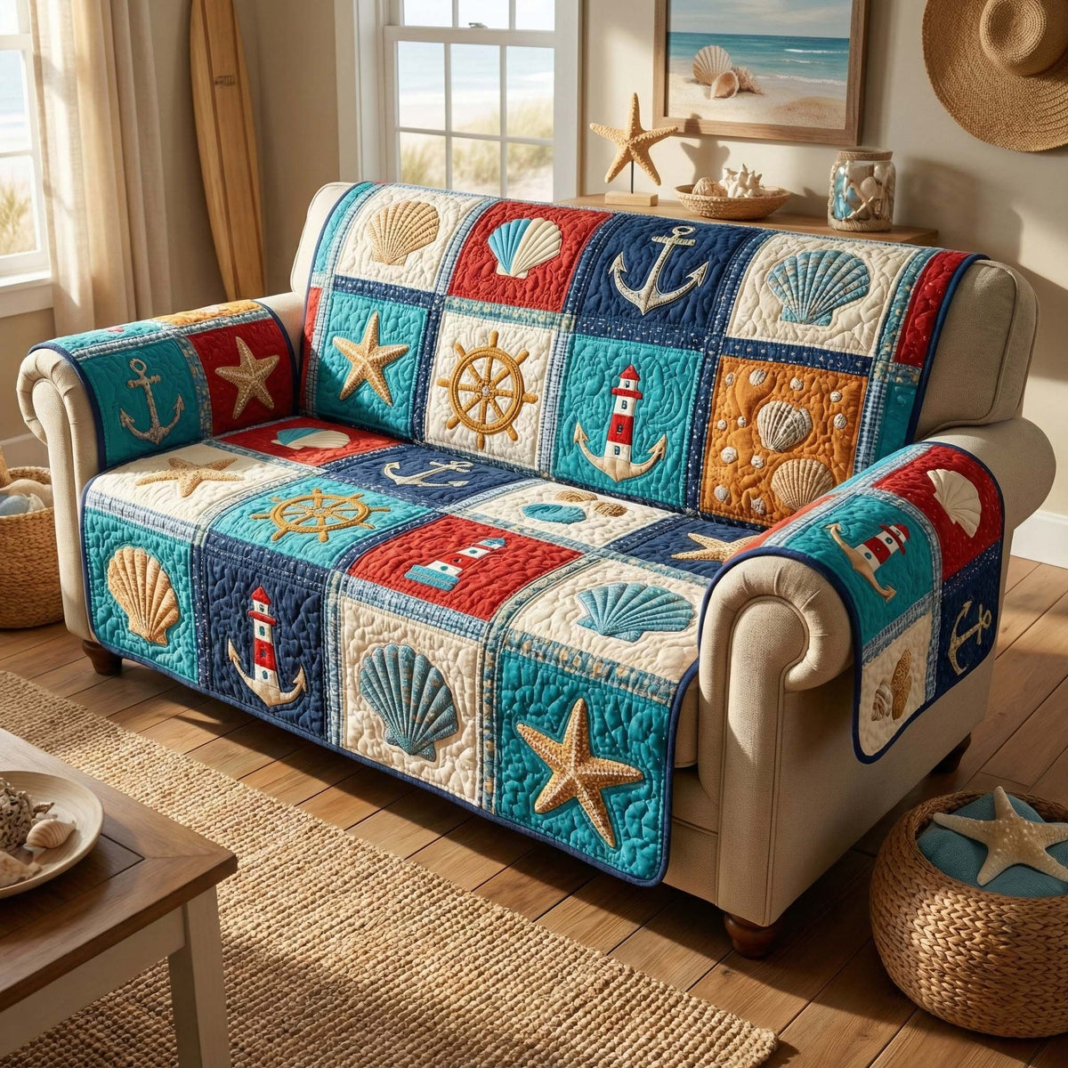 Lighthouse and Anchor Nautical Blocks Sofa Cover