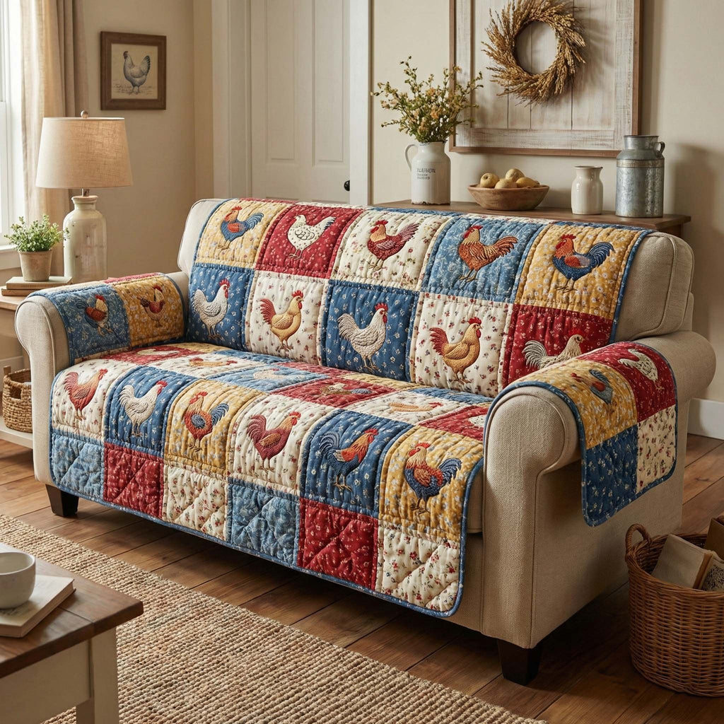 Roosters on Red White and Blue Patchwork Sofa Cover