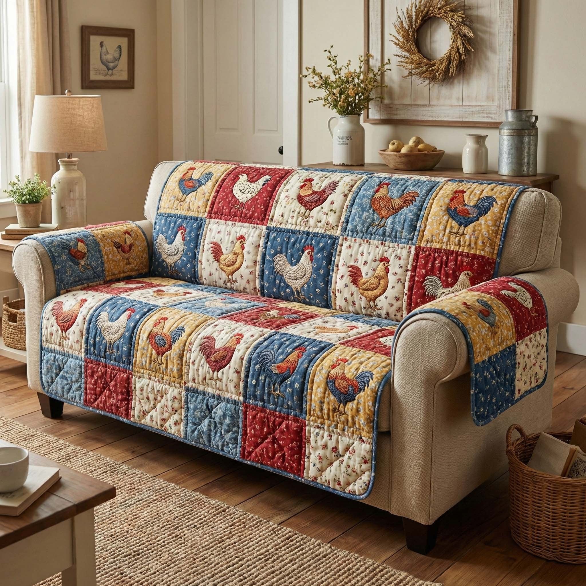 Roosters on Red White and Blue Patchwork Sofa Cover
